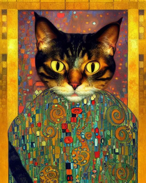 Prompt: gentleman cat portrait an oil painting splashes with many colors and shapes by gustav klimt greg rutkowski and alphonse mucha, polycount, generative art, psychedelic, fractalism, glitch art