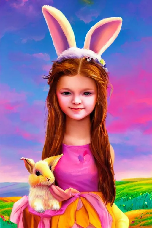 Image similar to matte sharp painting cute little girl and rabbit landscape painted by mark rydel artstation behance storybook lisa frank