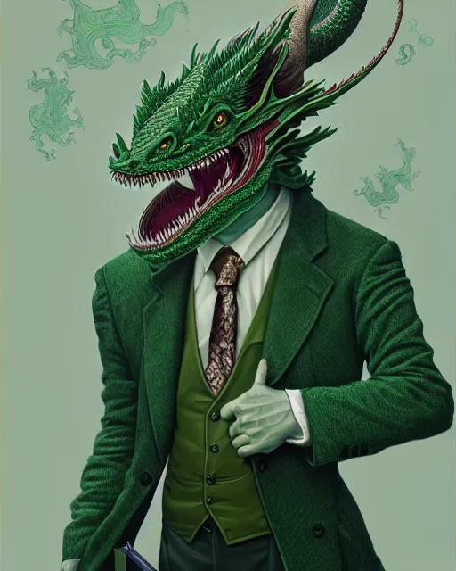 Prompt: anthropomorphic art of a businessman dragon, green dragon, dragon head, portrait, victorian inspired clothing by artgerm, victo ngai, ryohei hase, artstation. fractal papers and books. highly detailed digital painting, smooth, global illumination, fantasy art by greg rutkowsky, karl spitzweg