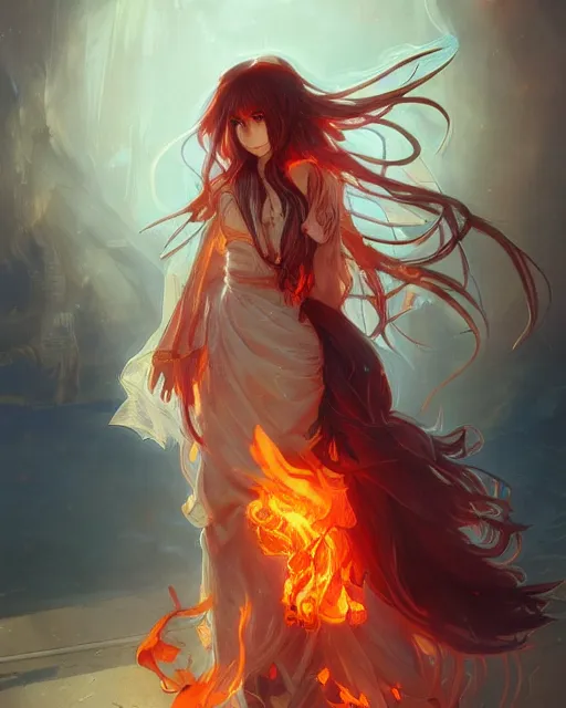 Image similar to beautiful long haired anime girl, fire dress, full body photo, flames everywhere, highly detailed, digital painting, artstation, concept art, smooth, sharp focus, illustration, art by artgerm and greg rutkowski and alphonse mucha