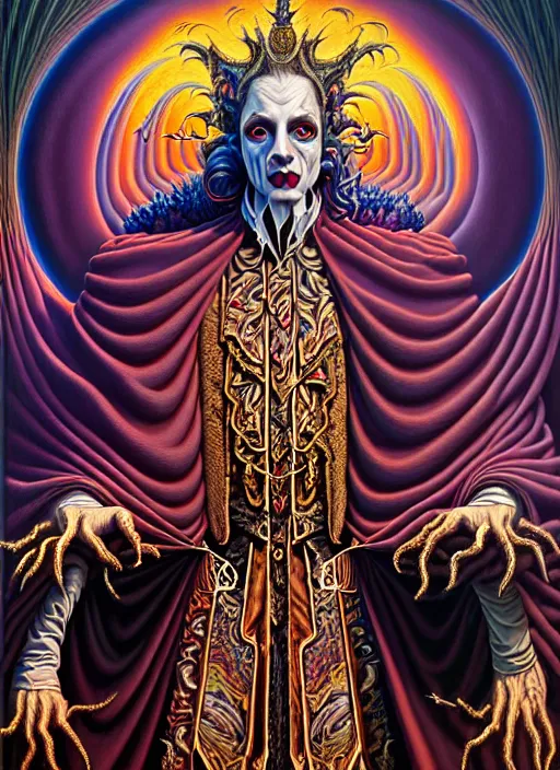 Image similar to beautiful oil painting, full length portrait of vampire dauphinois in baroque coronation robes 1 7 0 1, dan mumford, dan mumford, alex grey, hyacinthe rigaurd, highly detailed, lsd visuals, dmt fractal patterns, visionary art, psychedelic art, ornate, vaporwave, baroque, greg rutkowski