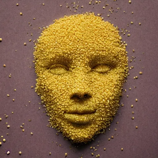 Image similar to millie bobby brown made out of millet, human face made out of millet, professional food photography