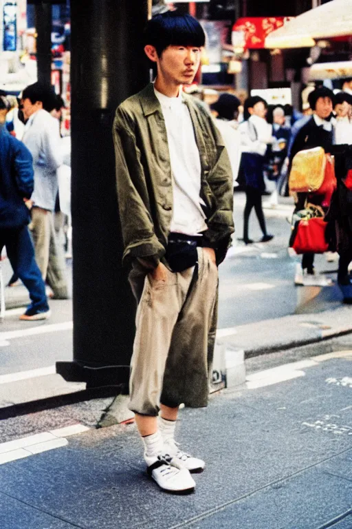 Image similar to street photography of a young japanese man in 9 0 s fashion, in tokyo shinjuku, shot on cinestill 5 0 d with a canon 3 5 mm at f / 5. 6 lens, haruto hoshi, yang seung - woo, saul leiter