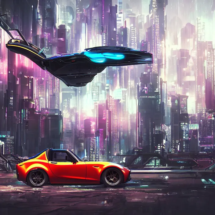 Image similar to a futuristic hovering, cyberpunk mazda miata in cyberpunk city, cyberpunk futuristic digital art concept