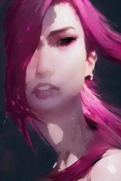 Image similar to A beautiful woman with professional makeup, with shoulder length mid-length magenta hair, volumetric lighting, dramatic atmosphere, subtle and detailed, by Dustin Nguyen, Akihiko Yoshida, Greg Tocchini, Greg Rutkowski, Cliff Chiang, 4k resolution, heavy contrast, trending on artstation