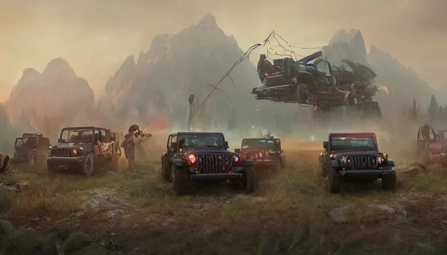 Prompt: single jeep wrangler, tribe members watching nearby, an epic fantasy, dramatic lighting, cinematic, establishing shot, extremely high detail, photorealistic, cinematic lighting, artstation, by simon stalenhag, horizon forbidden west