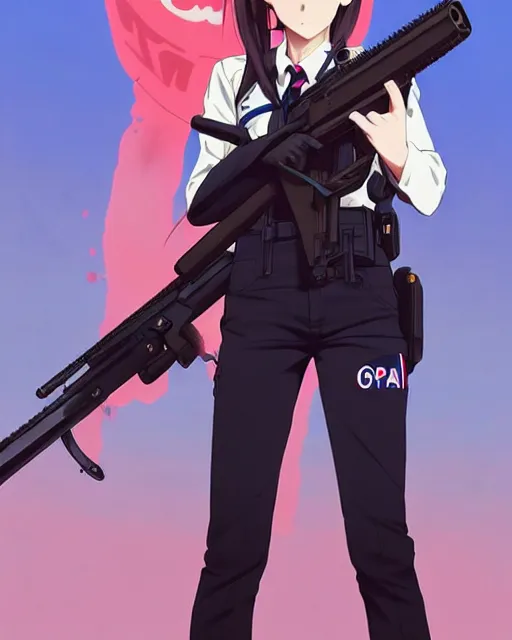 Prompt: anime!!! full body, a pretty girl wearing a school uniform and holding a psg - 1 sniper rifle. symmetry face. realistic shaded lighting poster by ilya kuvshinov, katsuhiro otomo, kidmo!!!, trending on artstation, magali villeneuve, artgerm, jeremy lipkin and michael garmash