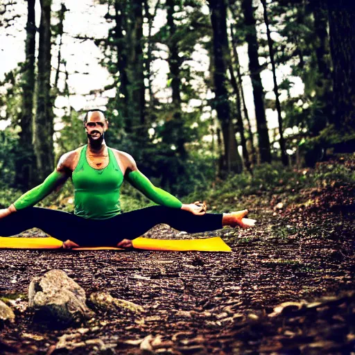 Image similar to lebron james doing yoga in the forest, videogame still, portrait, 4 0 mm lens, shallow depth of field, close up, split lighting, cinematic