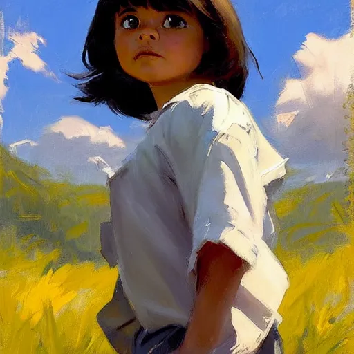 Image similar to Greg Manchess painting of dora the explorer, countryside, fantasy character portrait, dynamic pose, above view, sunny day, thunder clouds in the sky, artwork by Jeremy Lipkin and Giuseppe Dangelico Pino and Michael Garmash and Rob Rey, very coherent asymmetrical artwork, sharp edges, perfect face, simple form, wacky, 100mm