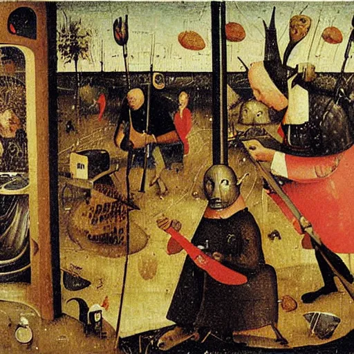 Image similar to inside a waffle makers house, angry, painting by hieronymus bosch,