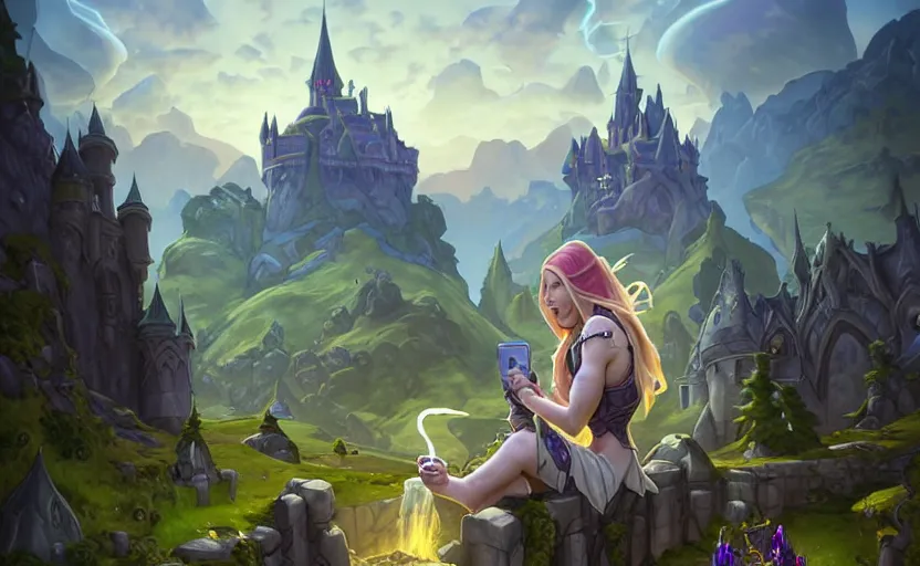 Image similar to bored woman checking her phone with amazing landscape with castle in background, fantasy, whimsical, dungeons and dragons, league of legends splash art, heroes of the storm splash art, hearthstone splash art, world of warcraft splash art, overwatch splash art, art by artgerm, art by alphonse mucha, intricately detailed, highly detailed, trending on artstation,