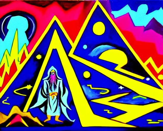 Prompt: Oil painting of a wizard on death mountain. Layered colorful magic spells in guernica style. Neon geometric geometric inks artwork. Elemental envelopment of the arcane master mage's ritual