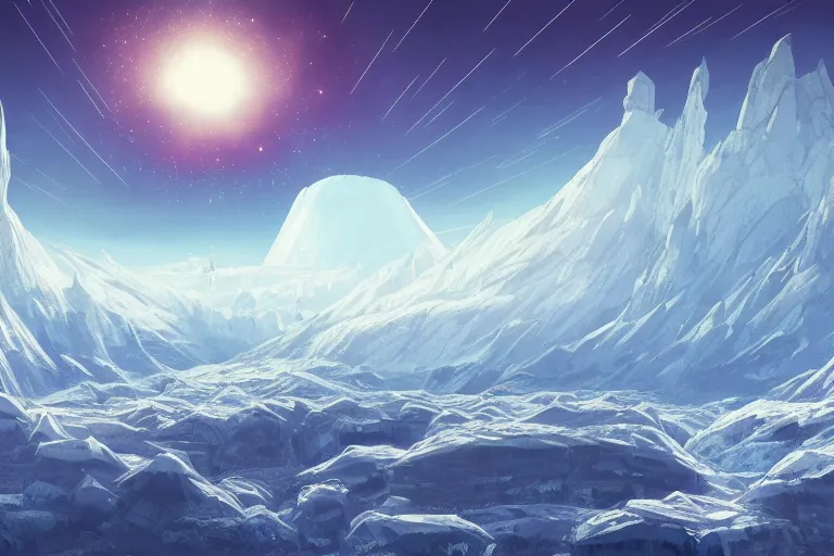 Image similar to blue themed ice crystal landscape, meteor shower, epic, miyazaki style, cinematic, indie, highly detailed, featured on artstation, highly detailed, abstract