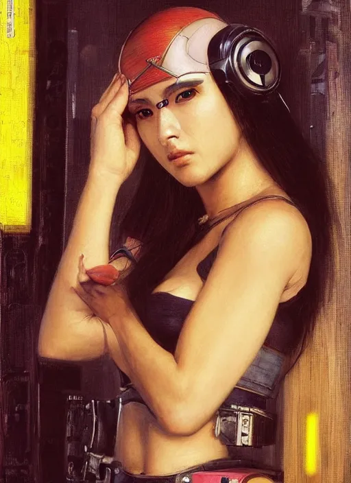 Image similar to Marie Tanaka. Beautiful Cyberpunk mechanic with robotic legs. (Cyberpunk 2077, bladerunner 2049). Gorgeous face. Iranian orientalist portrait by john william waterhouse and Edwin Longsden Long and Theodore Ralli and Nasreddine Dinet, oil on canvas. Cinematic, vivid colors, hyper realism, realistic proportions, dramatic lighting, high detail 4k