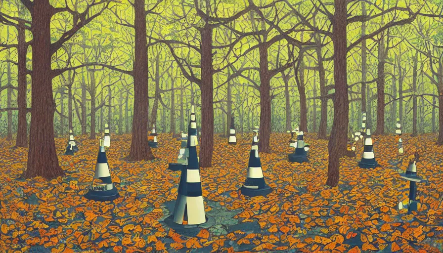 Prompt: safety cones scattered around an oak tree forest checker board forest floor, by james jean by ilya kuvshinov kintsugi, hyper detailed surrealist painting