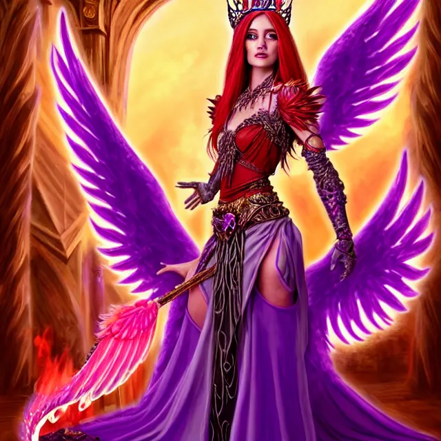 Image similar to Princess sorceress with red flaming bird wings on her back and sitting on an ornate throne dressed in a fancy long purple dress, beautiful realistic symmetrical defined face, Slight smile and open eyes, anatomically correct, Fantasy, Full Portrait, High detail, realistic, planeswalker