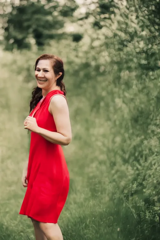 Image similar to photo portrait of a smiling pretty woman in a red sleeveless dress, out of focus, blurry