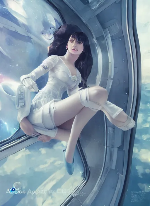 Prompt: woman sitting on a spaceship window, beautiful detailed dress, detailed face, detailed torso, smiling, detailed body, by artgerm, by wlop, anime style, octane render