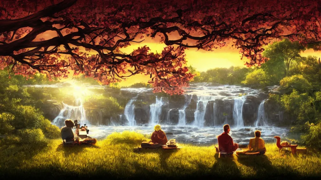 Image similar to featured on artstation walter white sitting under a cherry tree overlooking valley waterfall sunset beautiful image stylized digital art