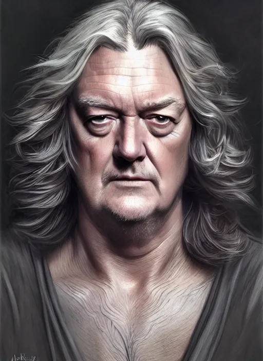 Prompt: portrait of james may, d & d, muscular, long grey hair, fantasy, intricate, elegant, highly detailed, digital painting, artstation, concept art, smooth, sharp focus, illustration, art by artgerm and greg rutkowski and alphonse mucha