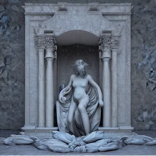 Image similar to “a delicate renaissance marble sculpture covered with water veil, highly detailed transparent marble cloth, gi, global illumination, physically based rendering, photorealistic, top light , dark background”