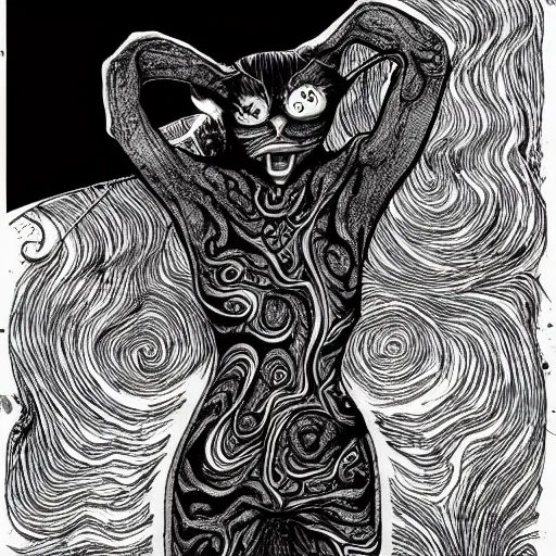 Prompt: black and white illustration creative design, cat, junji ito, body horror