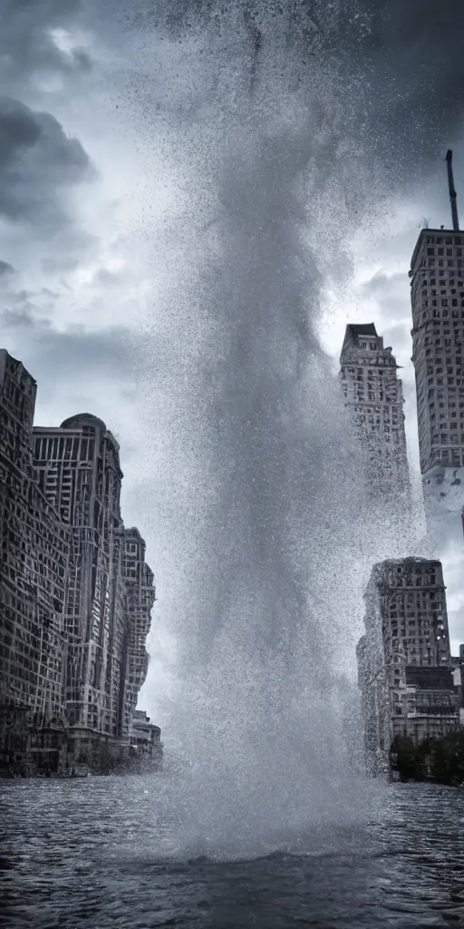 Prompt: water tornado in the city, ultra realistic, photorealistic, highly detailed, sharp focus