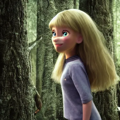 Image similar to young seven year old girl, blond hair green eyes, rinding a gray wolf, in a dark forest, still from a pixar disney movie