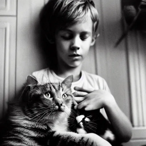 Prompt: a beautiful boy holding a cat, by sally mann