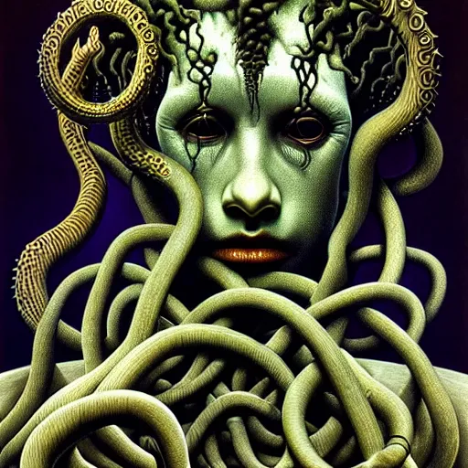 Prompt: very sad medusa, crying, tubular creature, blood vesels, no face, dystopian surrealism, art style alex ries giger, zdzisław beksinski, symmetry accurate features, very intricate details, high resolution, 4 k, intricate, sharp