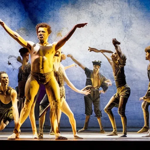 Image similar to award winning Production photo of David and Goliath on broadway, dancing, singing, costumes by Julie Taymor, set design by Julie Taymor