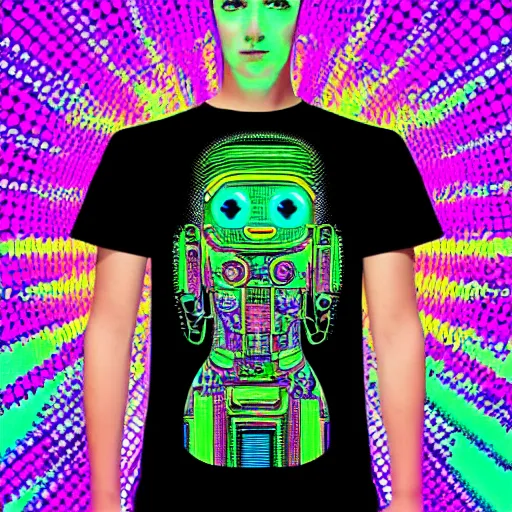 Image similar to fashion photo of a black tshirt with a hyperdetailed portrait of a futuristic trippy cute meditating robot, 8 k, symetrical, fluorescent colors, halluzinogenic, multicolored tshirt art,