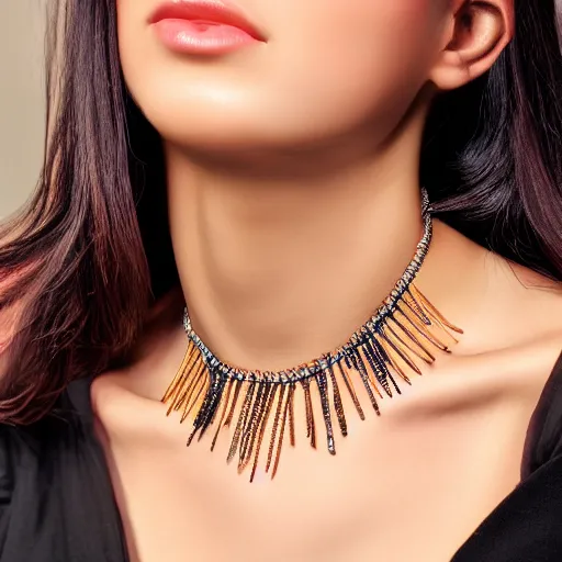 Image similar to necklace on a young beautiful woman neck, hyper realistic,