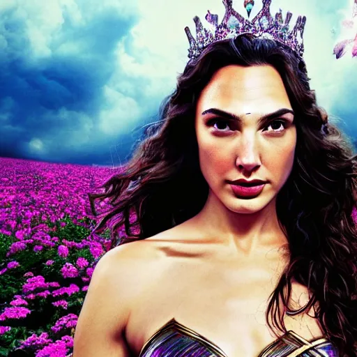 Image similar to fine art, long shot photo of the beauty goddess gal gadot, she has a crown of mesmerizing flowers, she is arriving heaven, background full of stormy clouds, by hr giger