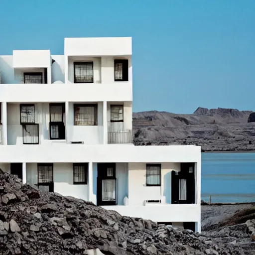 Image similar to habitat 6 7, white lego architect hotel in the dessert, many plants and infinite pool