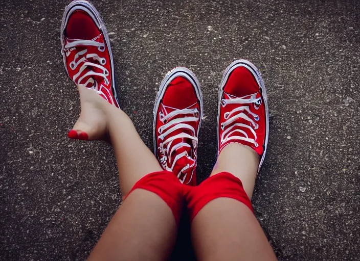 Prompt: legs of a woman sitting on the ground on a curb, knees up, very short pants, wearing red converse shoes, wet aslphalt road after rain, blurry background, sigma 8 5 mm