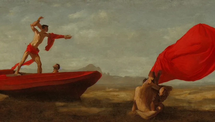 Prompt: movie still of a man in red drapery in a small flesh boat next to a neo - classical city in the desert, eastmancolor, heavy grain, high quality, high detail, run, mud