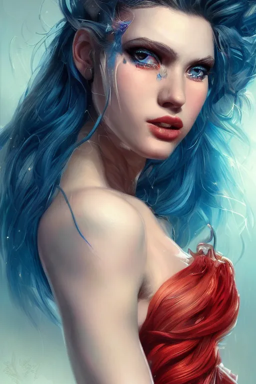 Image similar to an insanely detailed bust up portrait of a beautiful woman facing you, highly detailed features, sparkling blue eyes, long eyelashes, short electric blue hair, beautiful smile, red dress, in the style of peter mohrbacher, artgerm, dramatic lighting and composition, octane render, trending on artstation, concept art 8 k