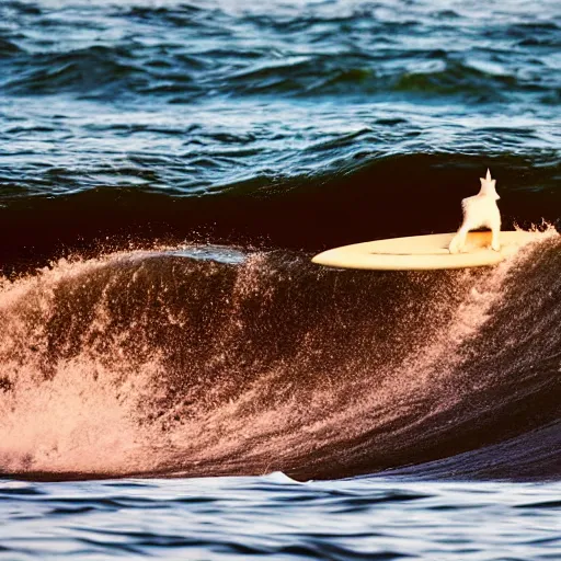 Prompt: a cat that is on a surfboard in the sea in Hawaii during golden hour, epic lighting