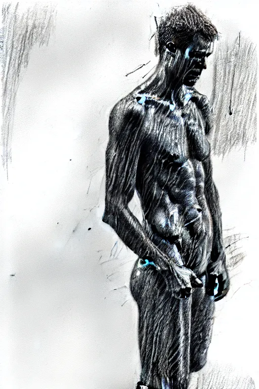 Image similar to a drawn man standing in the rain. pencil sketch.