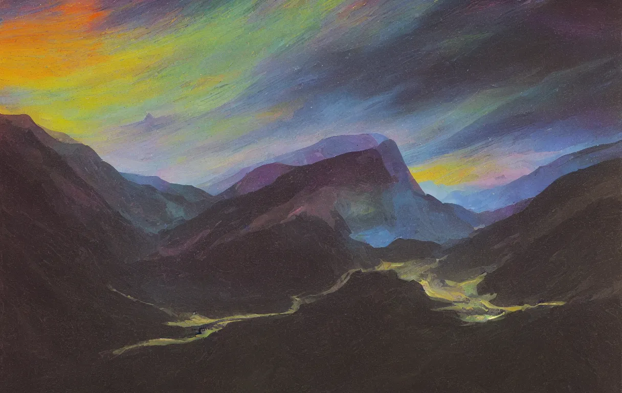 Prompt: Realist colorful impasto painting of the Salmon River mountain valley at midnight by John Harris, stars in the inky black sky reflect on the darkest blue river surface, 4k scan, very beautiful, oil on canvas, visible diagonal brushstrokes