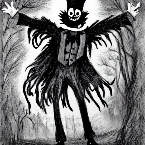 Image similar to a Pop Wonder scary horror themed goofy-hilarious-character Jack-Frost-Babadook-scarecrow-madhatter-williewonka-wearing a scarf, 3-piece-suit, dime-store-comic drawn with charcoal and pen and ink, half-tone-line-stacking