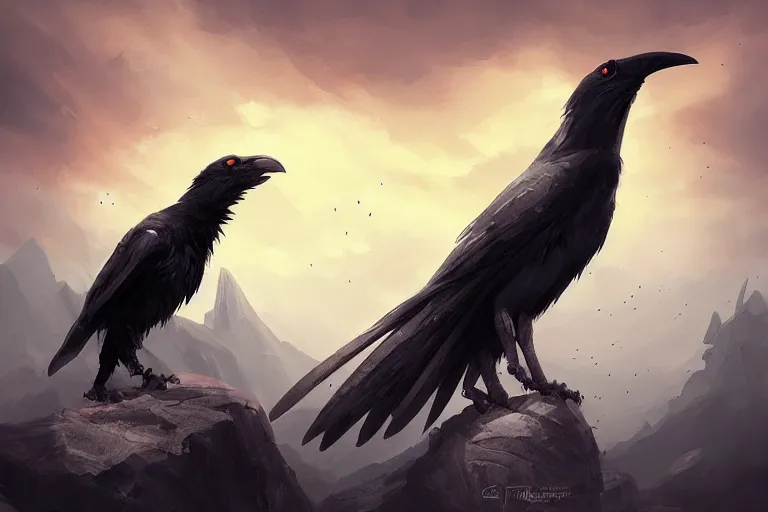 Image similar to red - eyed scary gigantic crow standing on top of a hill, looking down, cloudy sky in the background, digital painting, epic, pokemon style, earth type pokemon, smooth, trending on artstation, professional painting, made by greg rutkowski