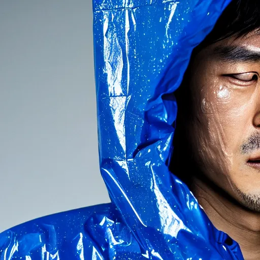 Prompt: a close up photographic portrait of a handsome japanese actor wearing wet weather gear looking worried taken by annie leibowitz. cinematic lighting, blue background colour, 5 0 mm, subsurface scatter, sci fi.