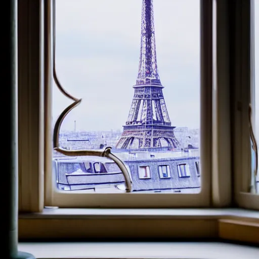 Image similar to perfume bottle on window sill in warm cosy feminine room room with a view of paris eiffel tower, up close shot, sharp focus, zen, clean, modern minimalist, octane highly render, 4 k, ultra hd,