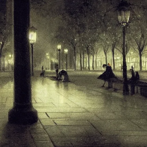 Image similar to a girl reading book, hair flowing down, city park, street lights, contrast, dramatic, by Edouard Bisson