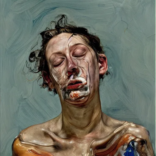 Image similar to high quality high detail painting by lucian freud and jenny saville, hd, drunk, turquoise