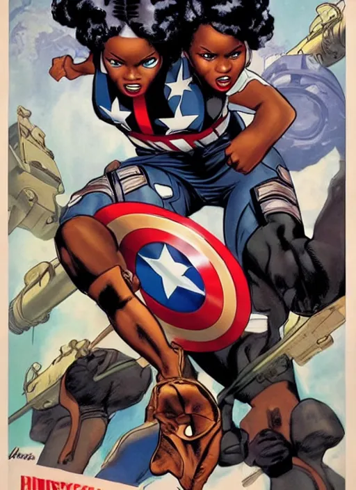 Image similar to beautiful black female captain america. afro - feminist captain america wins wwii. american wwii propaganda poster by james gurney, rob liefeld and pixar. gorgeous face. overwatch, realistic. black power