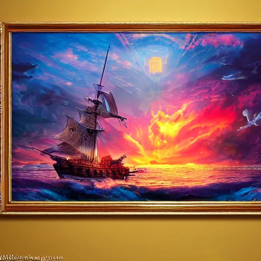 Image similar to majestical ship with a dragon flying above, beautiful composition, wide angle, colorful, cinematic, volumetric lighting, intricate details painting