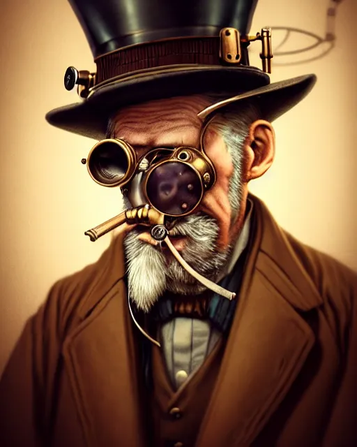 Image similar to steampunk old man portrait, handsome, steampunk hat, detective coat, steampunk monocle, smoking pipe, hyper realistic 3 d render by ilya kuvshinov, peter mohrbacher, greg rutkowski, ryohei hase, dramatic lighting, intricate, highly detailed, sharp focus, luminous, unreal engine, blender, deviant art, masterpiece, ray tracing